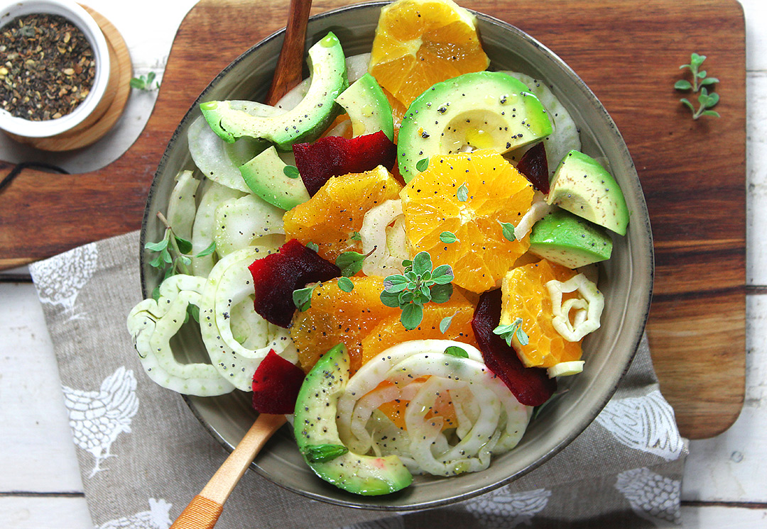 Insalata di finocchi, arance, avocado e barbabietola - Cucina Naturale